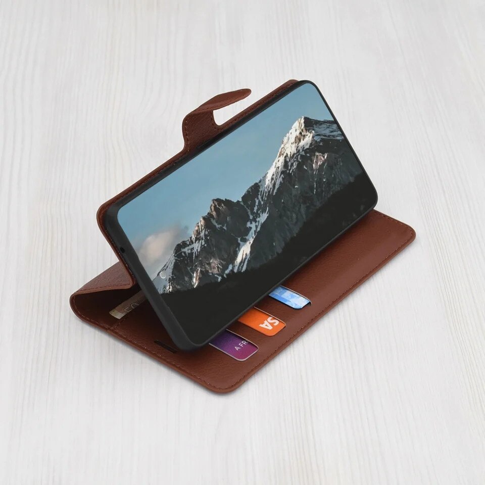 Husa pentru Motorola Moto G15 / Moto G15 Power, SKYDDAR INNOVATION, Leather Folio tip Carte, cu Portofel Interior, Finisaje Premium, set cu sticker, Maro