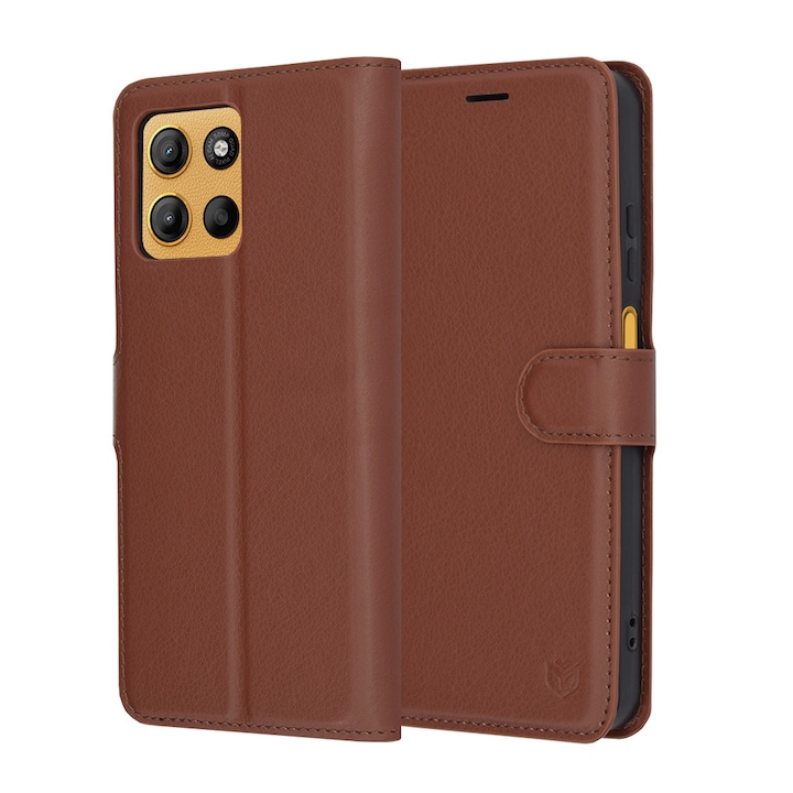 Husa pentru Motorola Moto G15 / Moto G15 Power, SKYDDAR INNOVATION, Leather Folio tip Carte, cu Portofel Interior, Finisaje Premium, set cu sticker, Maro