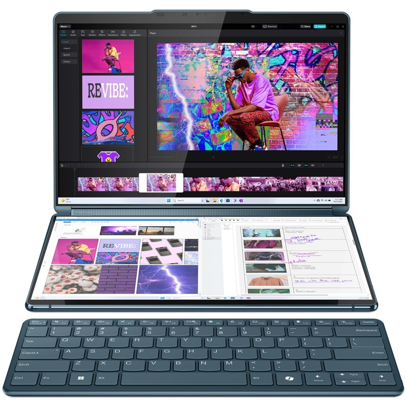 Laptop Lenovo Yoga Book 9 13IMU9 cu procesor Intel® Core™ Ultra 7 155U pana la 4.8GHz, 2 x 13.3", 2.8K, OLED, Touch, 16GB DDR5, 1TB SSD, Intel® Graphics, Windows 11 Home, Tidal Teal, 3y on-site, Premium Care