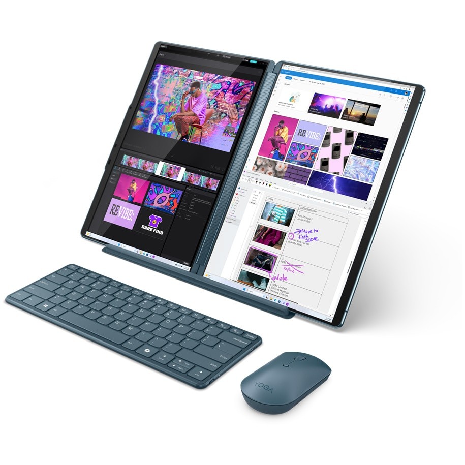 Laptop Lenovo Yoga Book 9 13IMU9 cu procesor Intel® Core™ Ultra 7 155U pana la 4.8GHz, 2 x 13.3", 2.8K, OLED, Touch, 16GB DDR5, 1TB SSD, Intel® Graphics, Windows 11 Home, Tidal Teal, 3y on-site, Premium Care