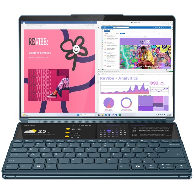 Laptop Lenovo Yoga Book 9 13IMU9 cu procesor Intel® Core™ Ultra 7 155U pana la 4.8GHz, 2 x 13.3", 2.8K, OLED, Touch, 16GB DDR5, 1TB SSD, Intel® Graphics, Windows 11 Home, Tidal Teal, 3y on-site, Premium Care