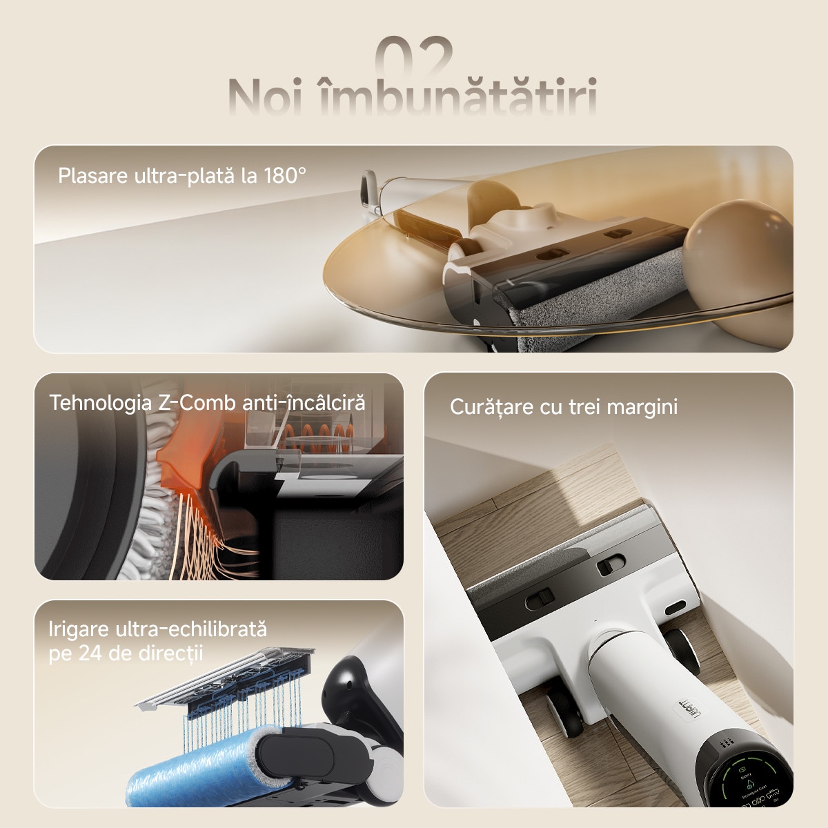 Aspirator vertical cu spalare Uwant D500, 17000PA, 230W, Mop cu intindere plana la 180°, Uscare silentioasa cu aer cald la 65°C, Autocuratare, Curatare margini pe trei laturi, Design anti-incurcare, Perie de podea impermeabila IPX6