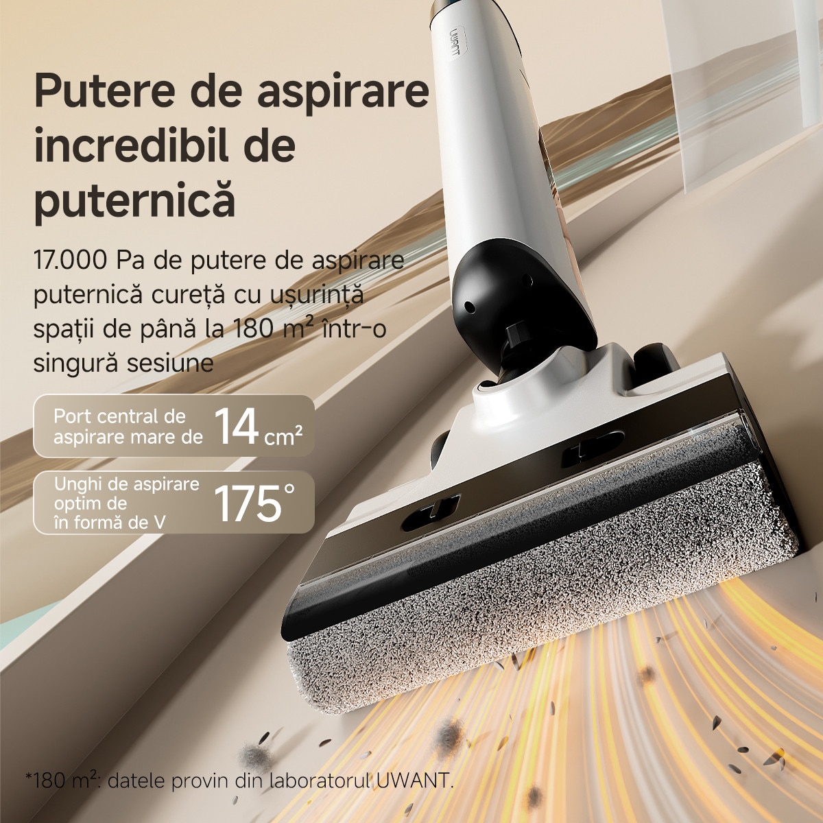 Aspirator vertical cu spalare Uwant D500, 17000PA, 230W, Mop cu intindere plana la 180°, Uscare silentioasa cu aer cald la 65°C, Autocuratare, Curatare margini pe trei laturi, Design anti-incurcare, Perie de podea impermeabila IPX6
