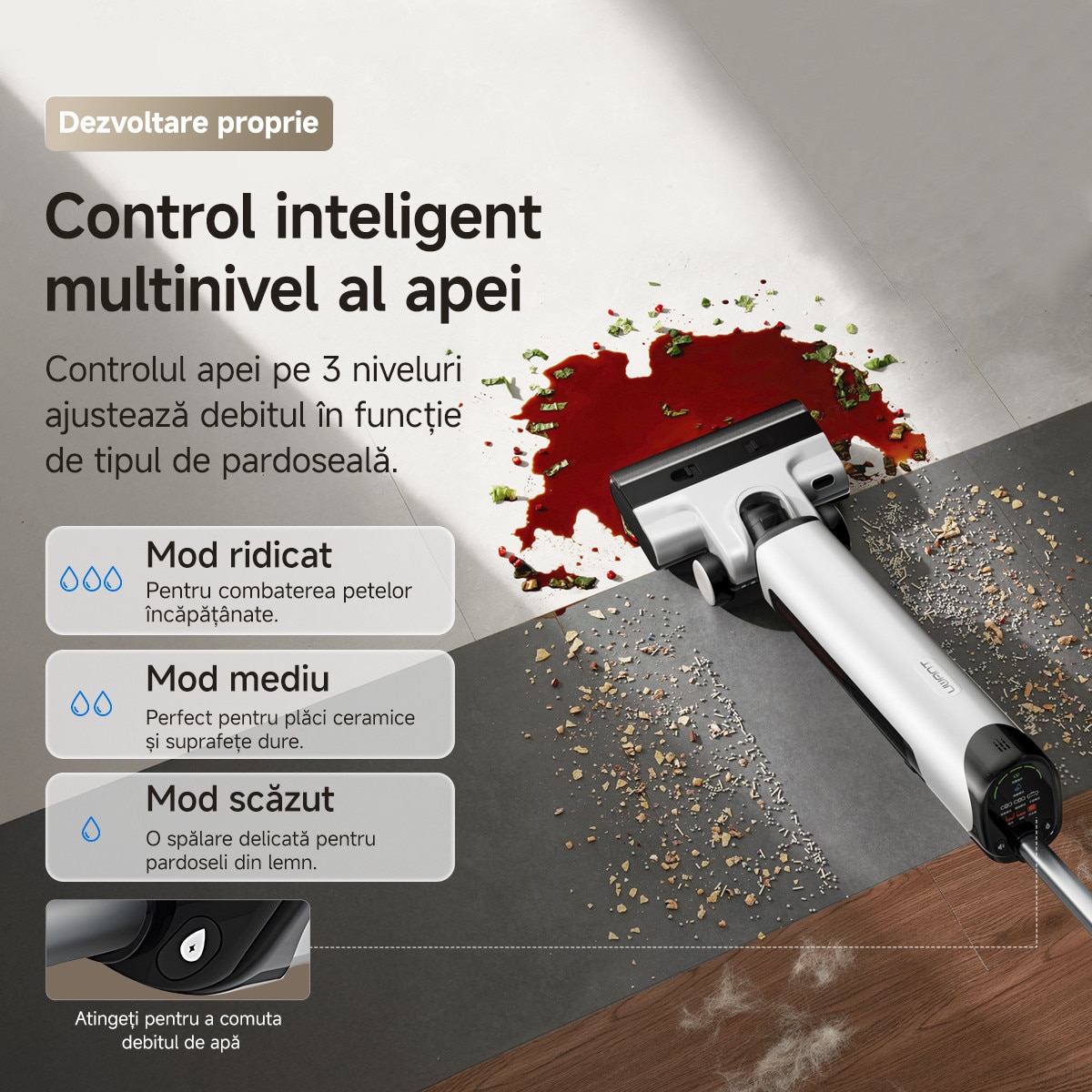 Aspirator vertical cu spalare Uwant D500, 17000PA, 230W, Mop cu intindere plana la 180°, Uscare silentioasa cu aer cald la 65°C, Autocuratare, Curatare margini pe trei laturi, Design anti-incurcare, Perie de podea impermeabila IPX6