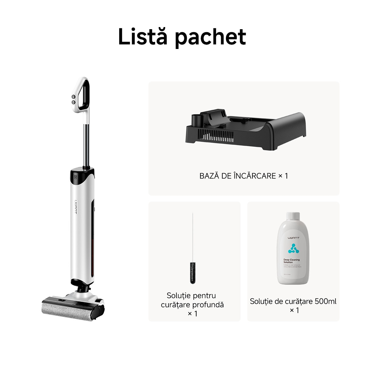 Aspirator vertical cu spalare Uwant D500, 17000PA, 230W, Mop cu intindere plana la 180°, Uscare silentioasa cu aer cald la 65°C, Autocuratare, Curatare margini pe trei laturi, Design anti-incurcare, Perie de podea impermeabila IPX6