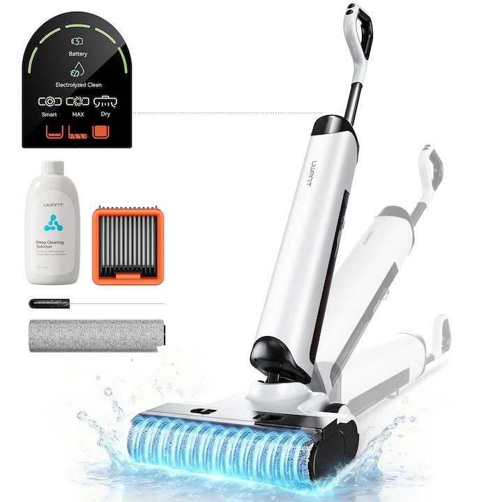 Aspirator vertical cu spalare Uwant D500, 17000PA, 230W, Mop cu intindere plana la 180°, Uscare silentioasa cu aer cald la 65°C, Autocuratare, Curatare margini pe trei laturi, Design anti-incurcare, Perie de podea impermeabila IPX6