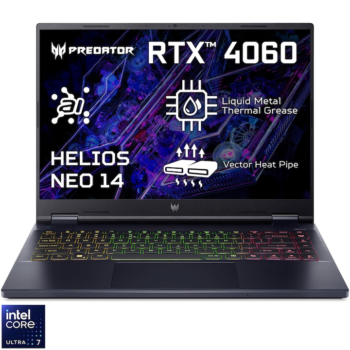 Laptop Gaming Acer Predator Helios Neo 14 PHN14-51-71KY cu procesor Intel® Core™ Ultra 7 155H pana la 4.80GHz, 16GB LPDDR5X, 1TB SSD, NVIDIA® GeForce RTX™ 4060 8GB GDDR6, No OS, Abyssal Black