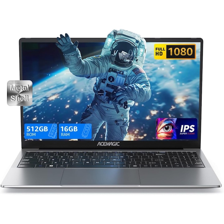 Laptop ACEMAGIC cu procesor Intel Alder Lake-N97 pana la 3.6 GHz, 15.6" IPS 1080P, 16GB DDR4 RAM, 512GB SSD, Windows 11 Pro, Carcasa metalica, WiFi, BT5.0