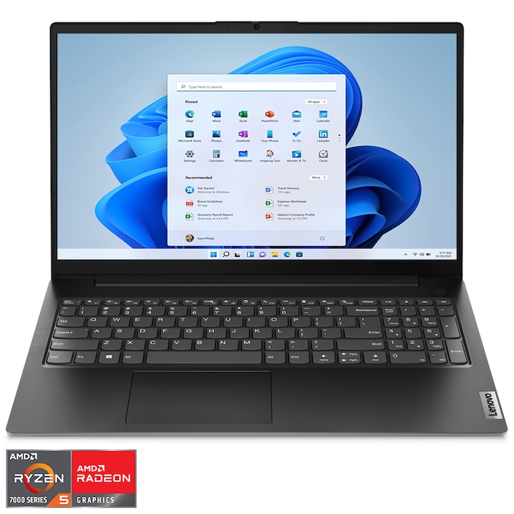 Laptop Lenovo V15 G4 AMN cu procesor AMD Ryzen™ 5 7520U (4M Cache, up to 4.3 GHz), 15.6" FHD, 8GB, 256GB SSD, AMD Radeon 610M, Windows 11 Pro, Black