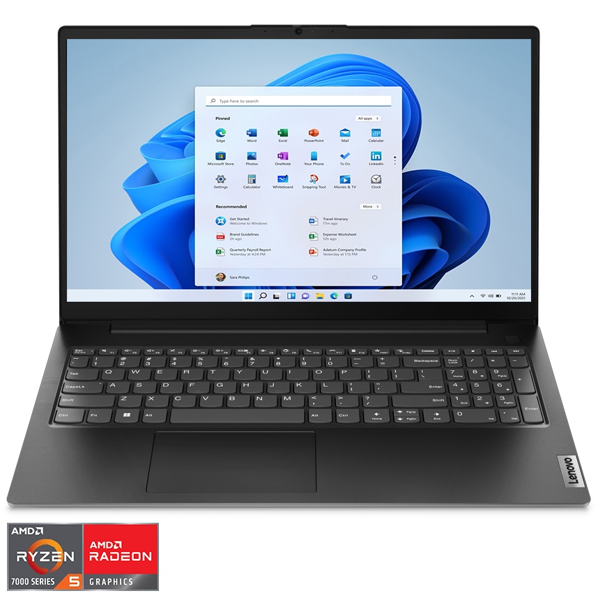 Laptop Lenovo V15 G4 AMN cu procesor AMD Ryzen™ 5 7520U (4M Cache, up to 4.3 GHz), 15.6" FHD, 8GB, 256GB SSD, AMD Radeon 610M, Windows 11 Pro, Black
