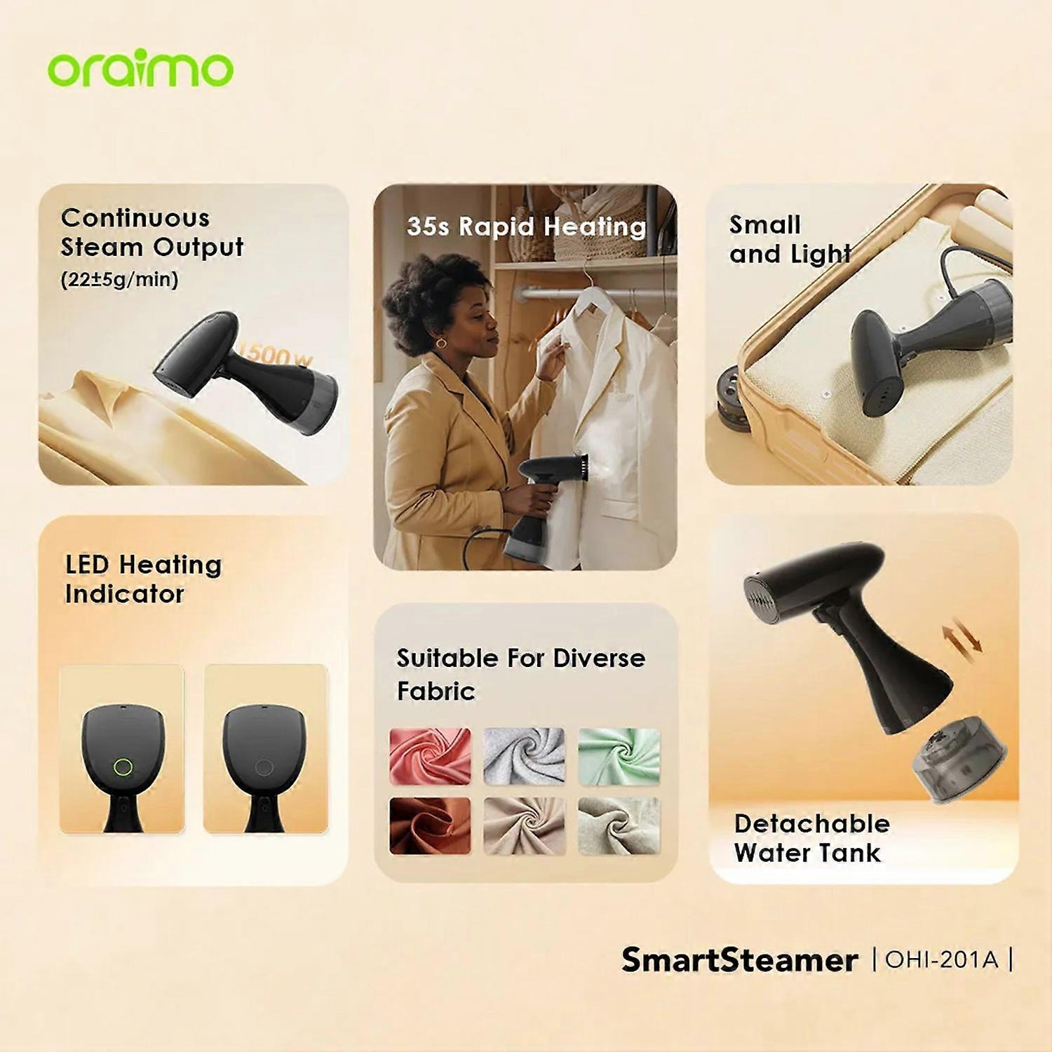 Fier de calcat cu abur portabil Oraimo Smartsteamer 1500W, preincalzire rapida, design compact, negru