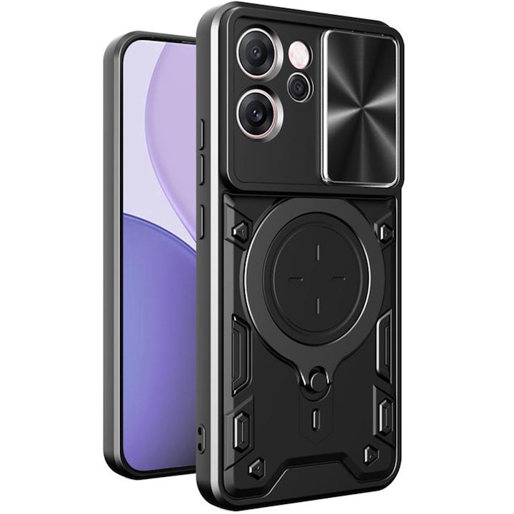 Husa pentru Oppo Reno 14F, CamGuard Pro Kickstand, Slider Camera, Antisoc, Protectie Superioara, Negru