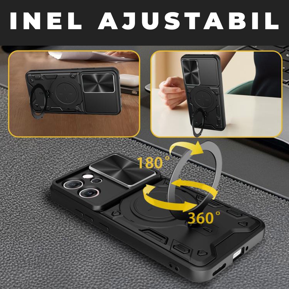 Husa pentru Oppo Reno 14F, CamGuard Pro Kickstand, Slider Camera, Antisoc, Protectie Superioara, Negru