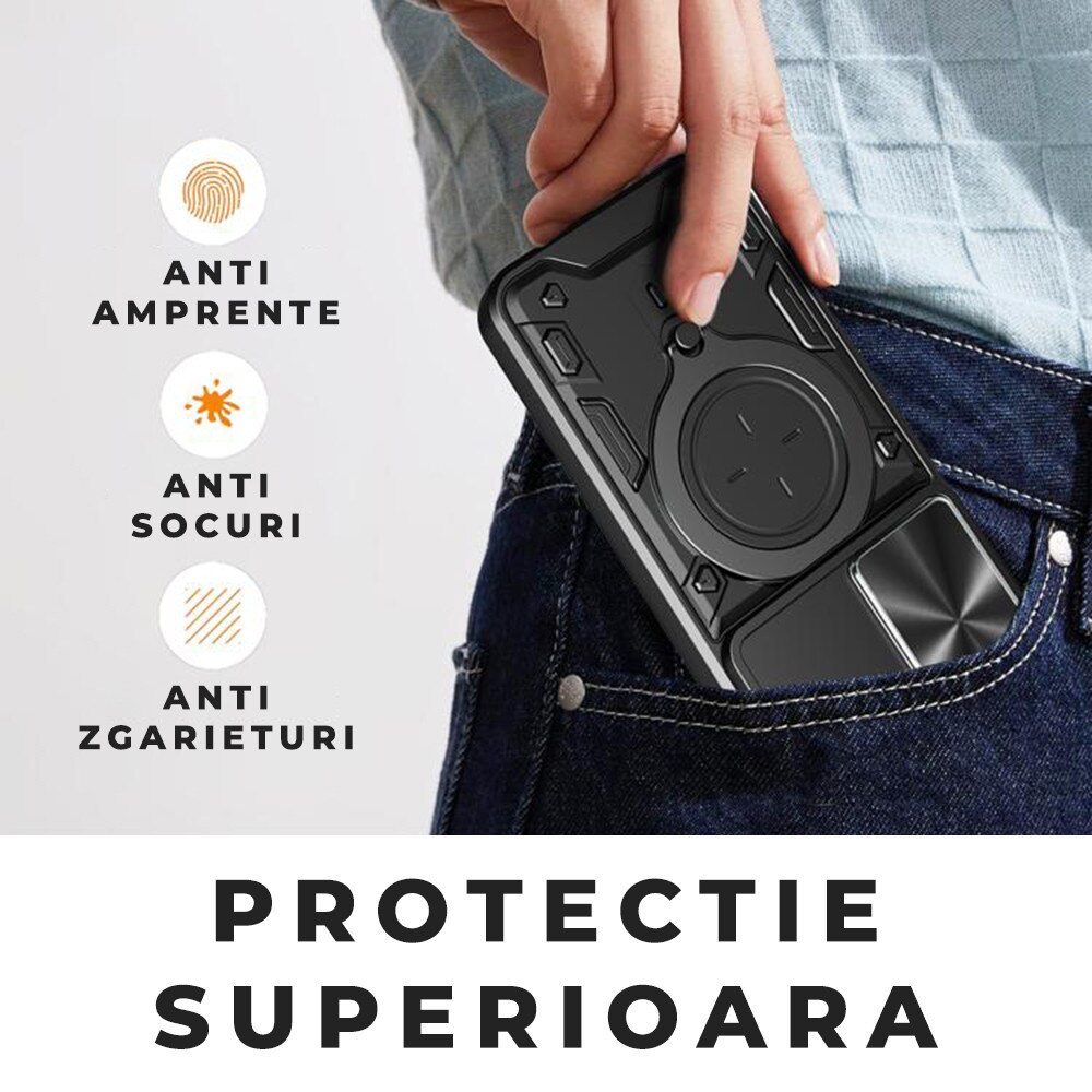 Husa pentru Oppo Reno 14F, CamGuard Pro Kickstand, Slider Camera, Antisoc, Protectie Superioara, Negru