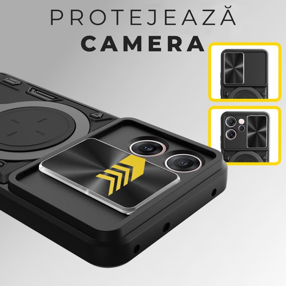 Husa pentru Oppo Reno 14F, CamGuard Pro Kickstand, Slider Camera, Antisoc, Protectie Superioara, Negru