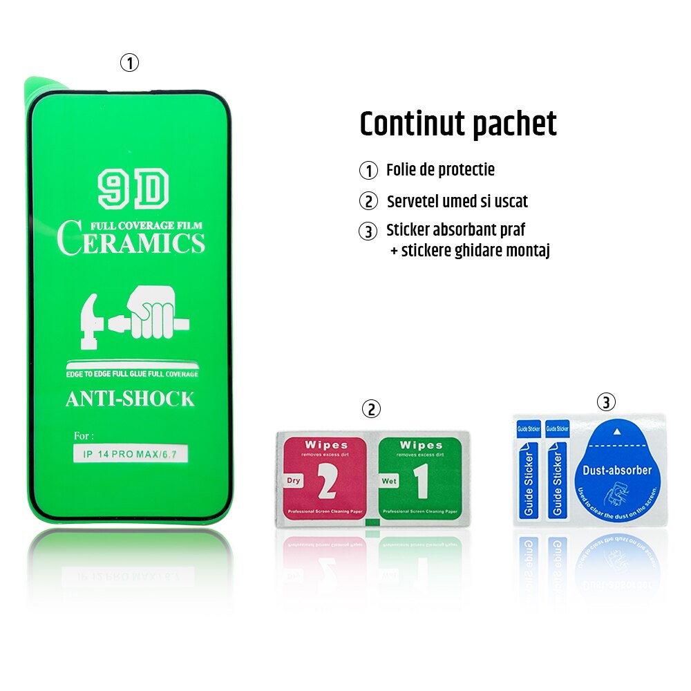 Folie de protectie ceramica, compatibila cu Apple iPhone 14 Pro Max, Full Cover, Negru/Transparenta