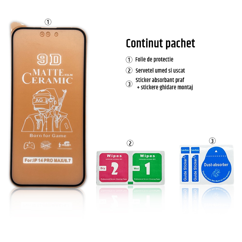 Folie de protectie ceramica, compatibila cu Apple iPhone 14 Pro Max, Full Cover, Negru/Mata