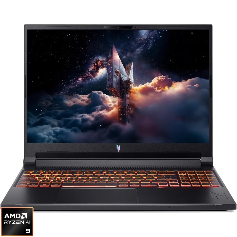 Laptop Acer Gaming 16'' Nitro V16 AI ANV16-61, WQXGA IPS 180Hz, Procesor AMD Ryzen™ AI 9 365 (24M Cache, up to 5.0 GHz), 32GB DDR5, 2x 1TB SSD, GeForce RTX 5070 8GB, No OS, Obsidian Black