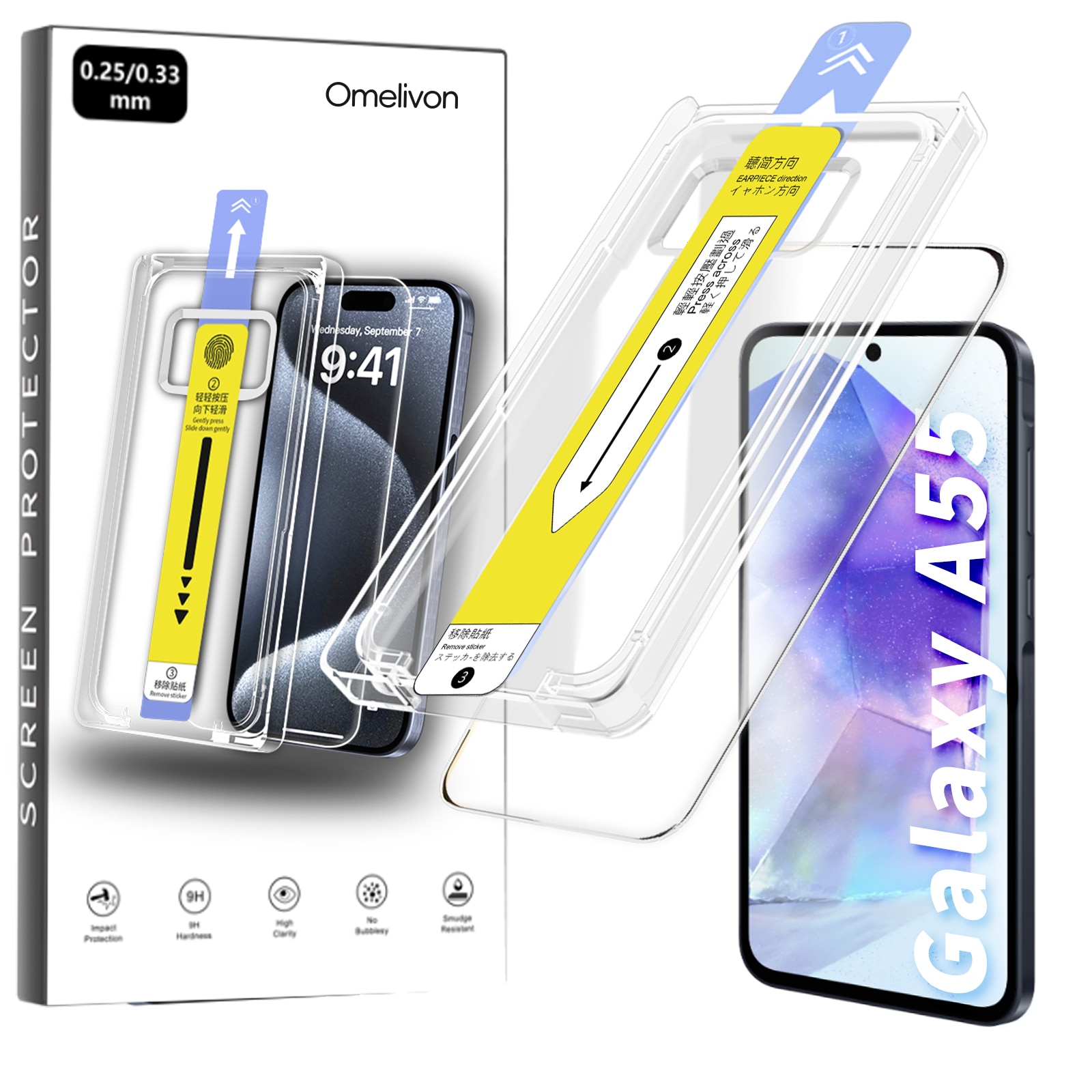 Folie de Protectie pentru Samsung Galaxy A55, Omelivon, Sticla Securizata, cu Kit de Aplicare Instanta si Functie Automata de Indepartare a Prafului, Duritate 9H+, Ultra HD, Anti Amprente