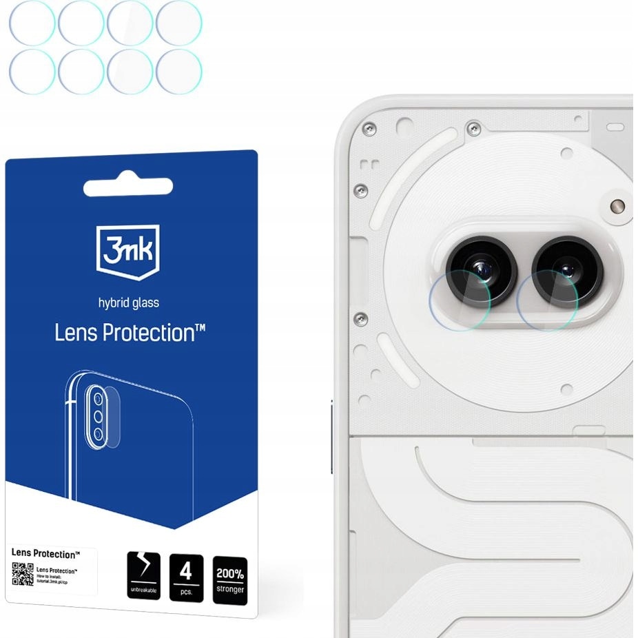 Set 4 perechi folie protectie camera pentru Nothing Phone 2a, 3MK, Sticla hibrid, Rezistenta la impact, 7 H, Transparent