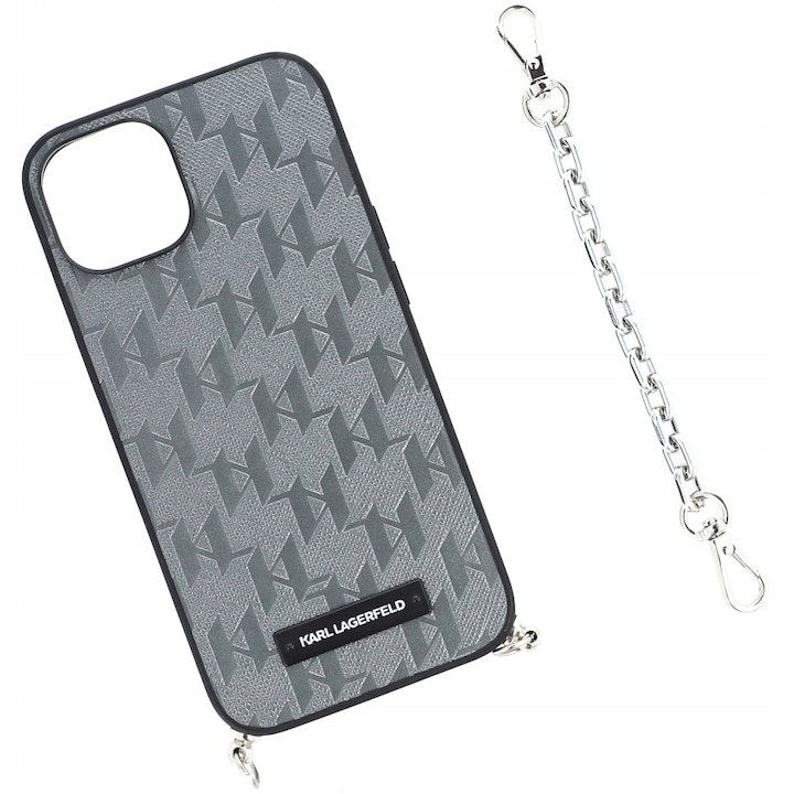 Husa de protectie cu lant, Karl Lagerfeld, Compatibil cu Apple iPhone 14, Piele naturala, Gri