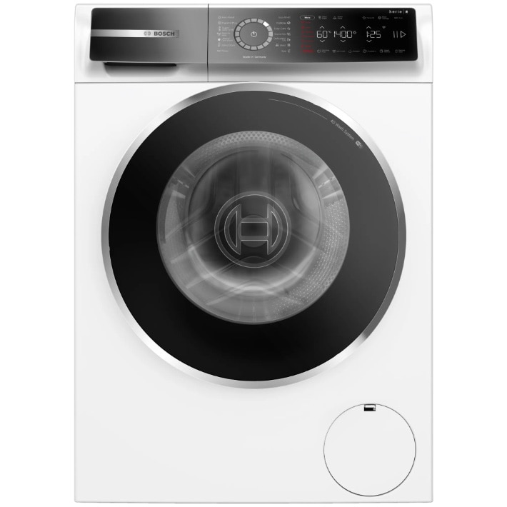 RESIGILAT: Masina de spalat rufe Bosch Seria 8 WGB25400BY, 10 kg, 1400 RPM, EcoSilence Drive, Iron Assist, Home Connect, Functie Anti-pete, Touch control, Iluminare interioara, Clasa A, 60 cm, Alb