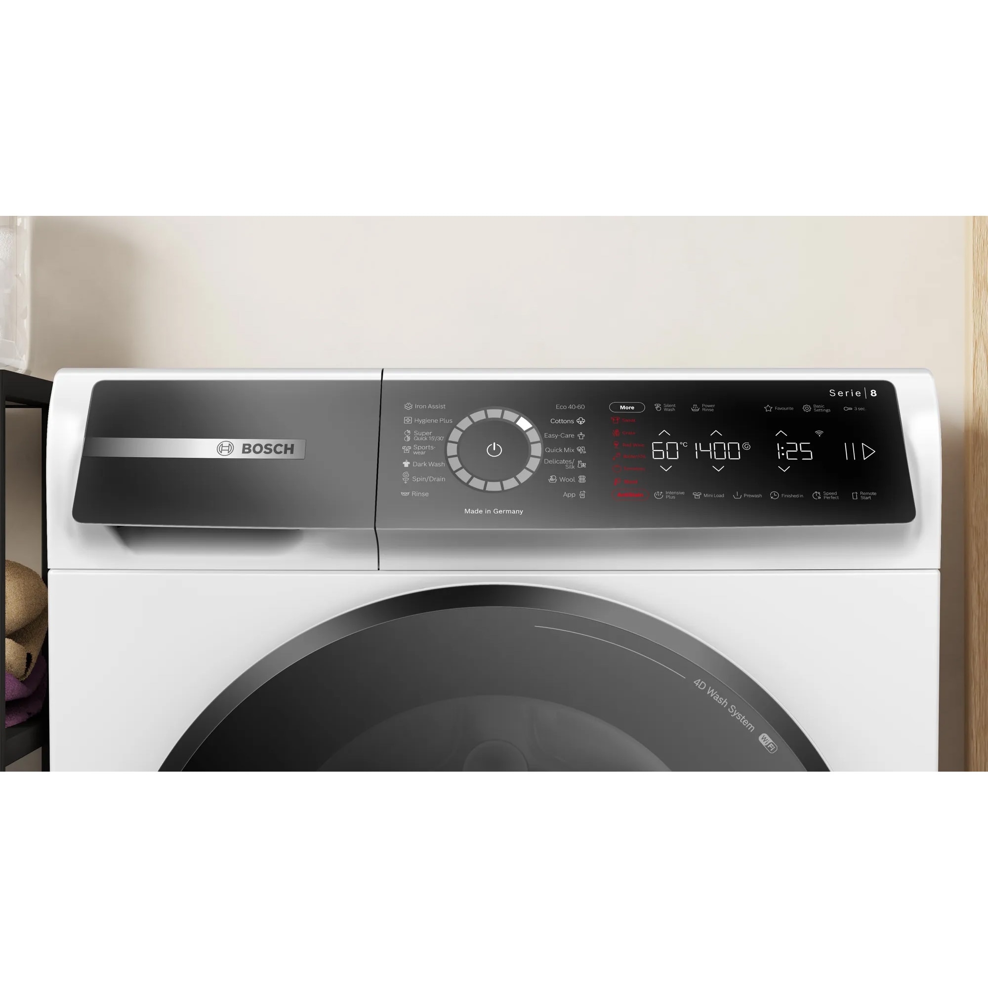 RESIGILAT: Masina de spalat rufe Bosch Seria 8 WGB25400BY, 10 kg, 1400 RPM, EcoSilence Drive, Iron Assist, Home Connect, Functie Anti-pete, Touch control, Iluminare interioara, Clasa A, 60 cm, Alb