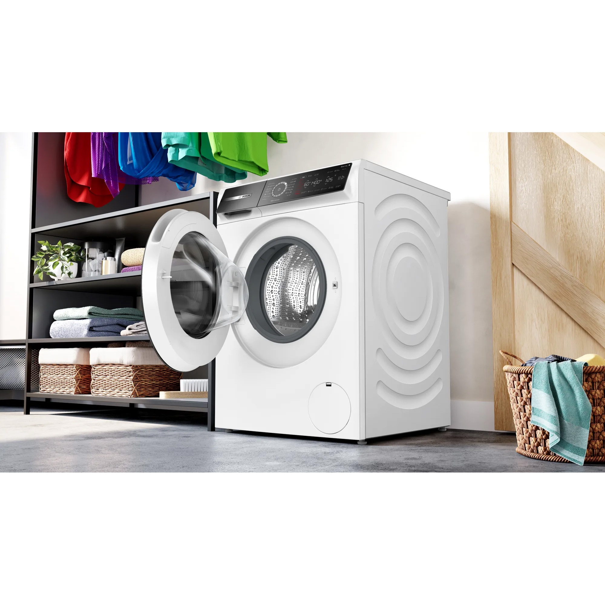 RESIGILAT: Masina de spalat rufe Bosch Seria 8 WGB25400BY, 10 kg, 1400 RPM, EcoSilence Drive, Iron Assist, Home Connect, Functie Anti-pete, Touch control, Iluminare interioara, Clasa A, 60 cm, Alb