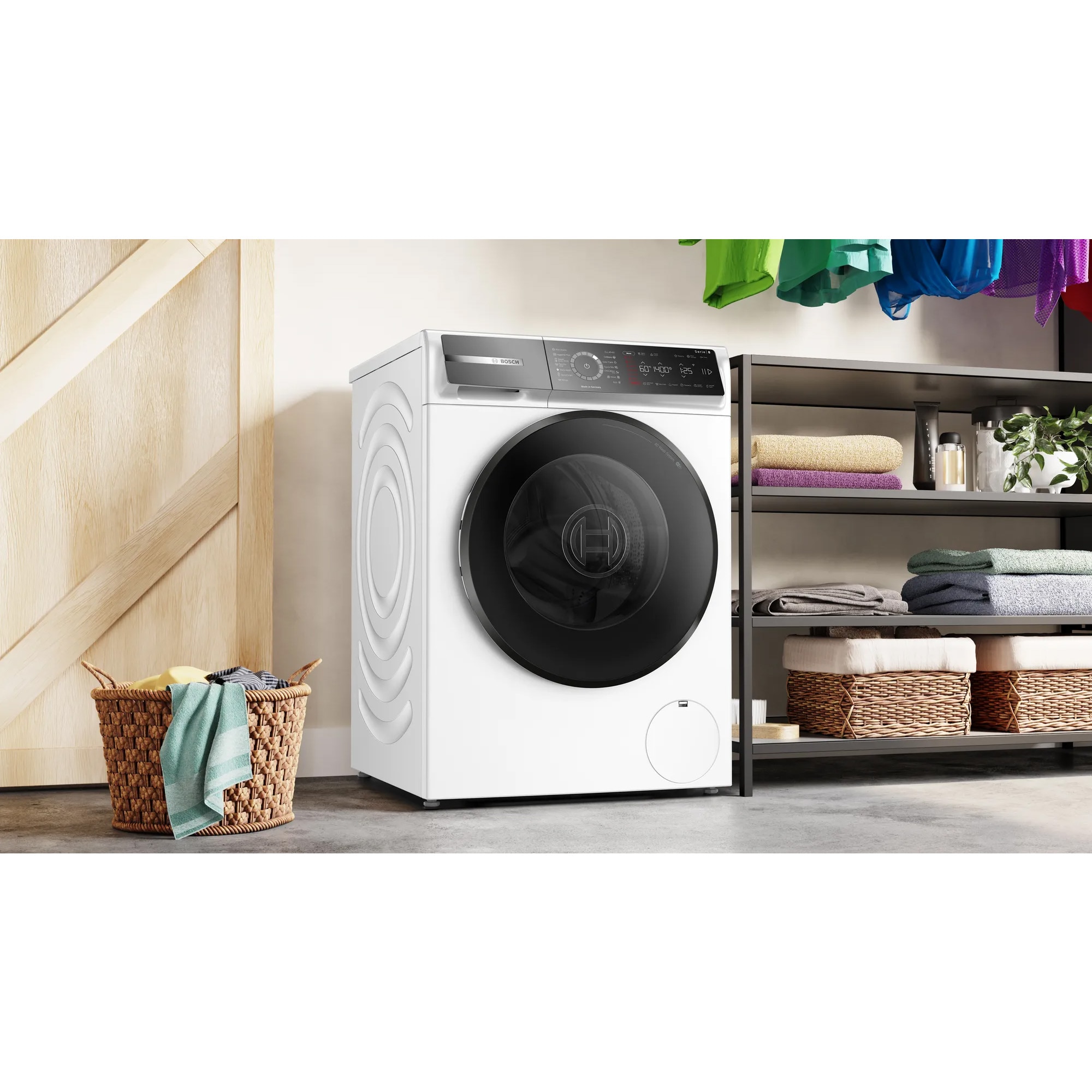 RESIGILAT: Masina de spalat rufe Bosch Seria 8 WGB25400BY, 10 kg, 1400 RPM, EcoSilence Drive, Iron Assist, Home Connect, Functie Anti-pete, Touch control, Iluminare interioara, Clasa A, 60 cm, Alb