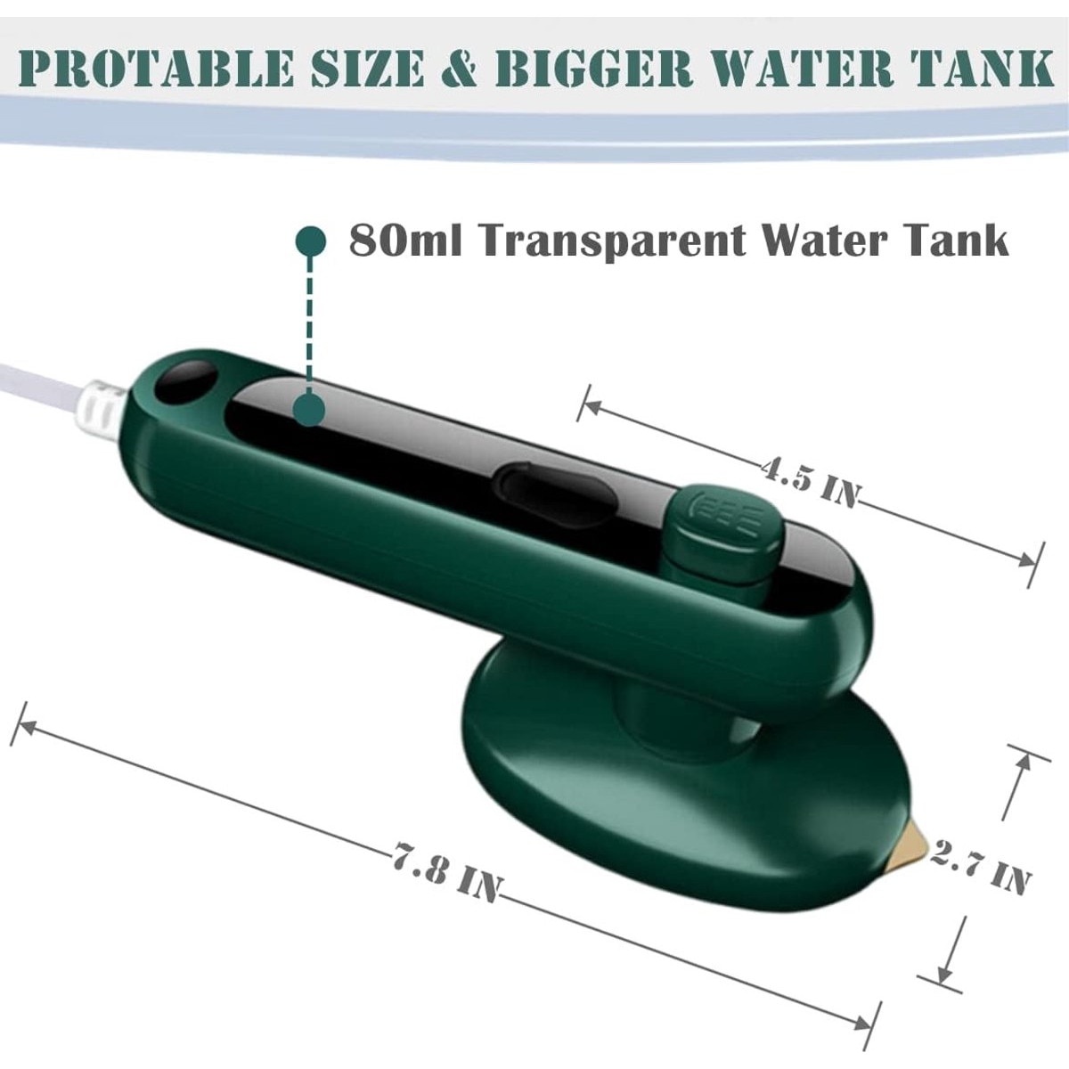 Fier de calcat cu abur portabil, 2 in 1, ABS+PET, talpa din aliaj de titan, 80 ml, verde, 20x7x8 cm