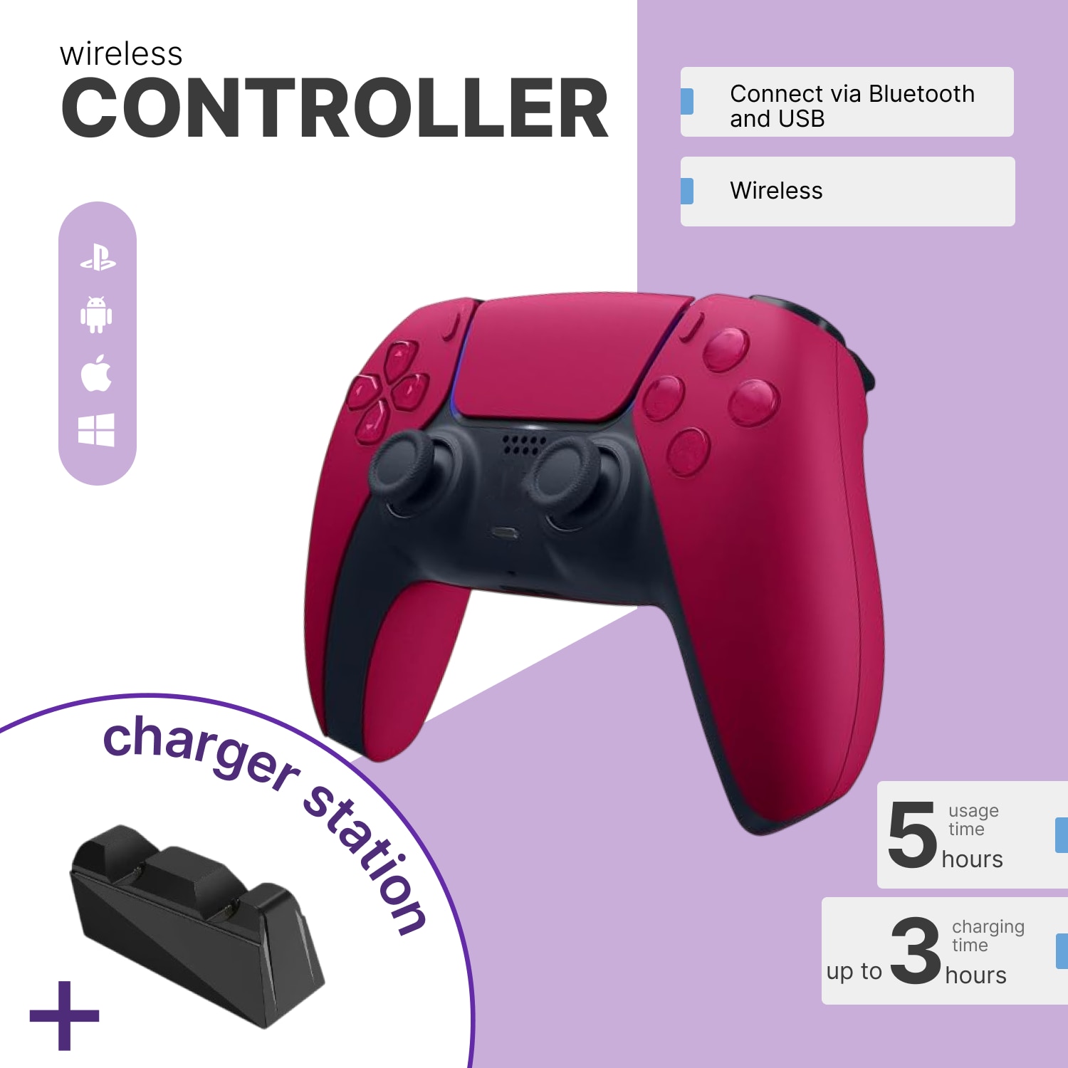 Controller Wireless Dual-Sense pentru PS5/PS4/PS4 PRO/PS4 SLIM, rosu inchis, senzor de miscare, incarcator dual inclus, HAPPY JOKER®