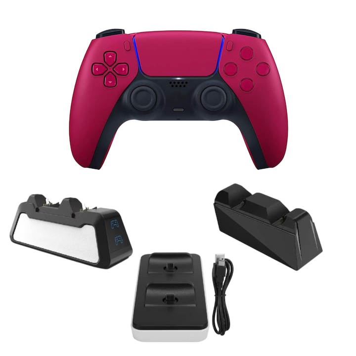 Controller Wireless Dual-Sense pentru PS5/PS4/PS4 PRO/PS4 SLIM, rosu inchis, senzor de miscare, incarcator dual inclus, HAPPY JOKER®
