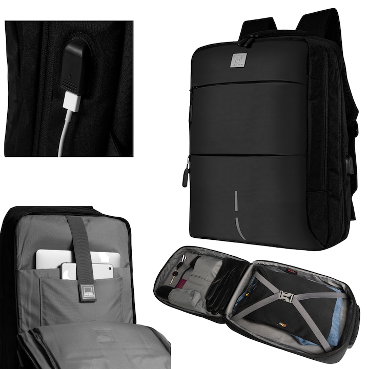 Rucsac functional pentru laptop si tableta, cu port USB, 44x32x12cm, Negru