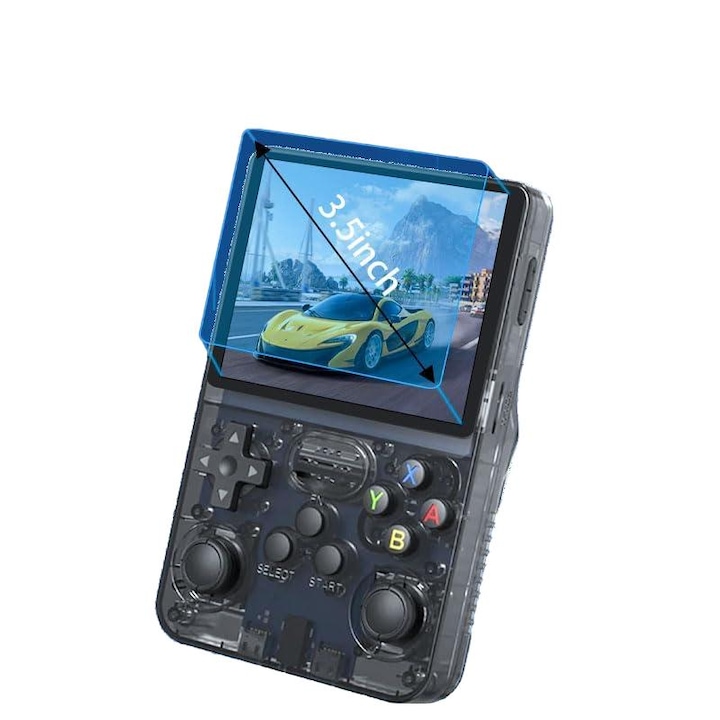 Consola de jocuri retro portabila R36S, 64 GB, 3,5 inch HD, 3500 mAh, design ergonomic, negru transparent