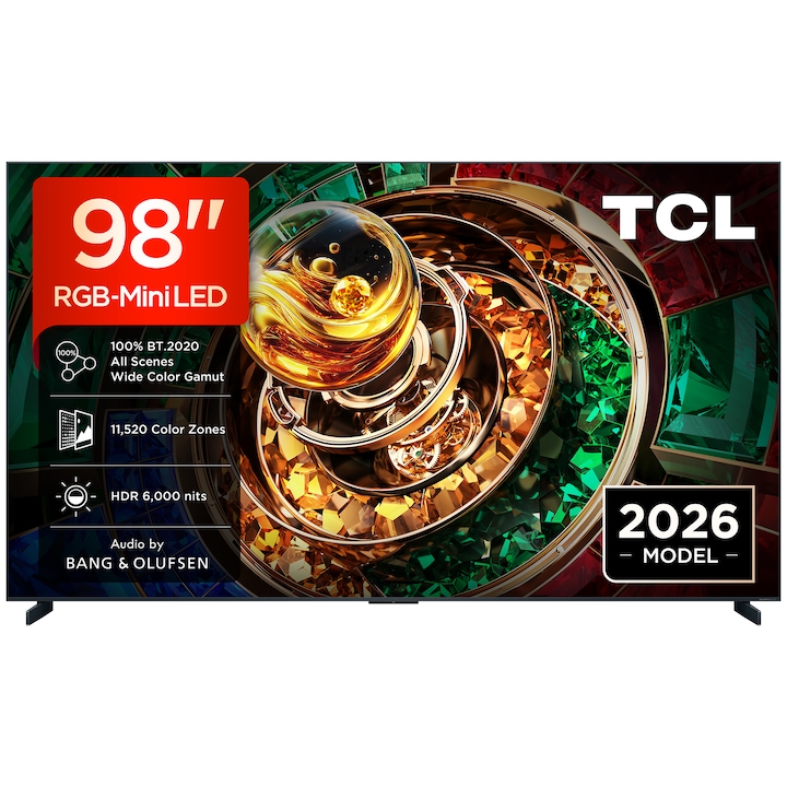 Televizor TCL RGB-MiniLed 98RM9L, 248 cm, Smart Google TV, 4K Ultra HD, 144Hz, Sunet Bang & Olufsen, Clasa F (Model 2026)