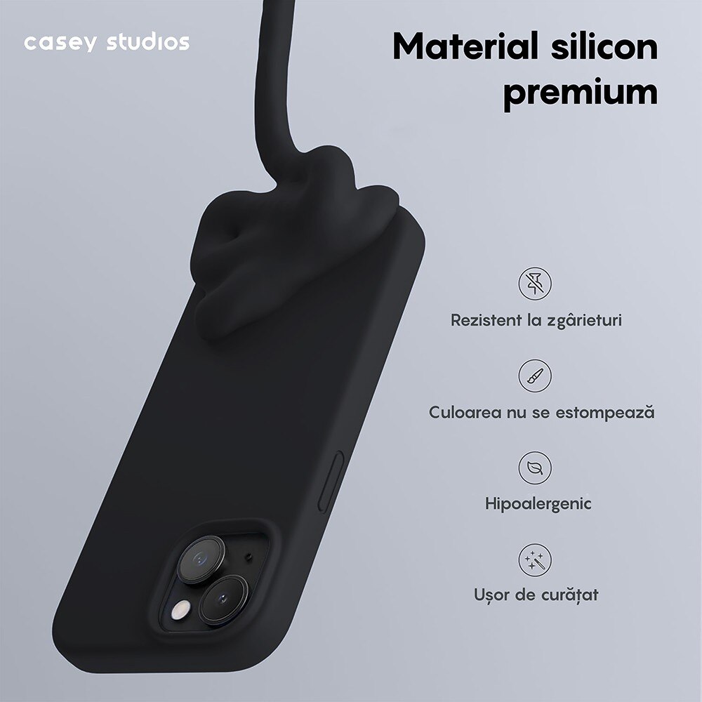 Husa CASEY STUDIOS™ pentru Apple iPhone 15, Soft Silicone Premium, Microfibra in Interior, Negru, de Protectie, Ultra Slim, pentru Incarcare Wireless, Margini Ridicate pentru Protectia Ecranului si a Camerelor