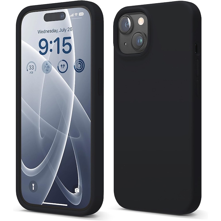 Husa CASEY STUDIOS™ pentru Apple iPhone 15, Soft Silicone Premium, Microfibra in Interior, Negru, de Protectie, Ultra Slim, pentru Incarcare Wireless, Margini Ridicate pentru Protectia Ecranului si a Camerelor