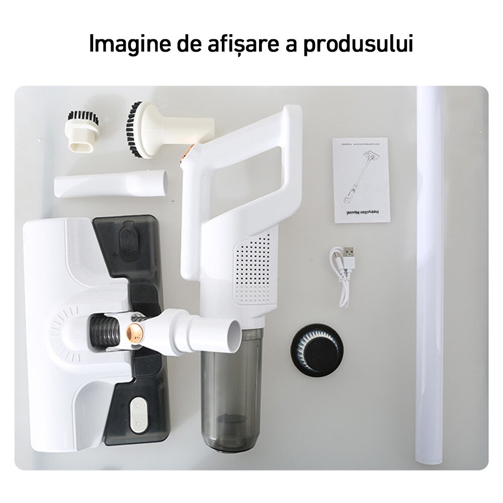 Aspirator vertical fara fir, 15000PA, 0,6L, curatare umeda si uscata, potrivit pentru dormitoare, birouri, camere de zi, masini si altele, alb