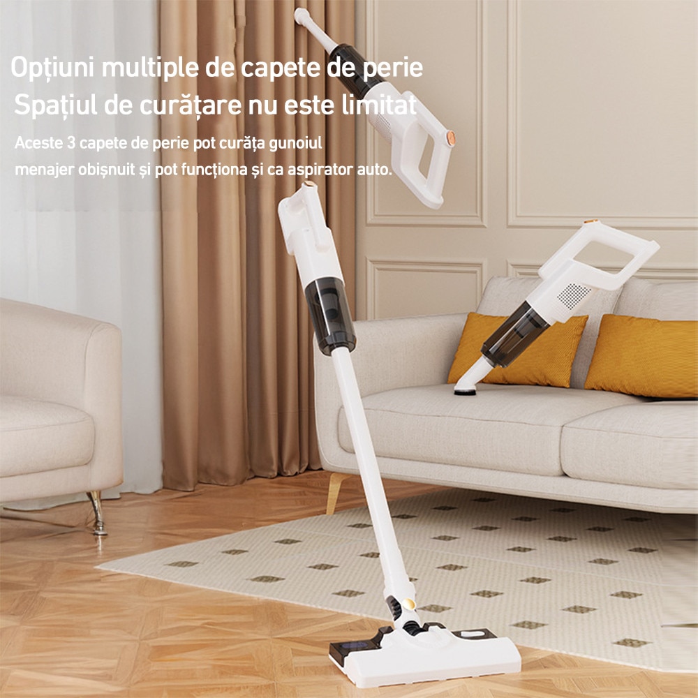 Aspirator vertical fara fir, 15000PA, 0,6L, curatare umeda si uscata, potrivit pentru dormitoare, birouri, camere de zi, masini si altele, alb