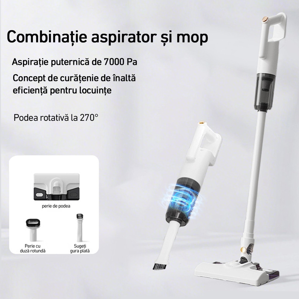 Aspirator vertical fara fir, 15000PA, 0,6L, curatare umeda si uscata, potrivit pentru dormitoare, birouri, camere de zi, masini si altele, alb