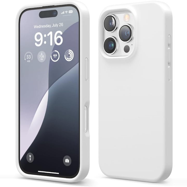 Husa CASEY STUDIOS™ compatibila cu iPhone 16 Pro, Soft Silicone Premium, Microfibra in Interior, Alb, de Protectie, Ultra Slim, pentru Incarcare Wireless, Margini Ridicate de Protectia Ecranului si a Camerelor