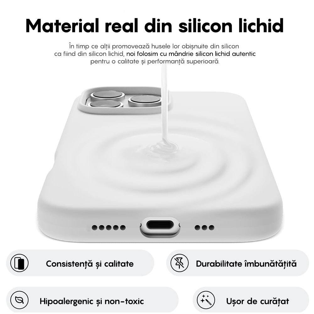 Husa CASEY STUDIOS™ compatibila cu iPhone 16 Pro, Soft Silicone Premium, Microfibra in Interior, Alb, de Protectie, Ultra Slim, pentru Incarcare Wireless, Margini Ridicate de Protectia Ecranului si a Camerelor