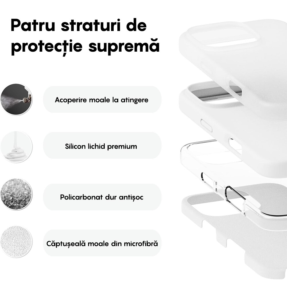 Husa CASEY STUDIOS™ compatibila cu iPhone 16 Pro, Soft Silicone Premium, Microfibra in Interior, Alb, de Protectie, Ultra Slim, pentru Incarcare Wireless, Margini Ridicate de Protectia Ecranului si a Camerelor