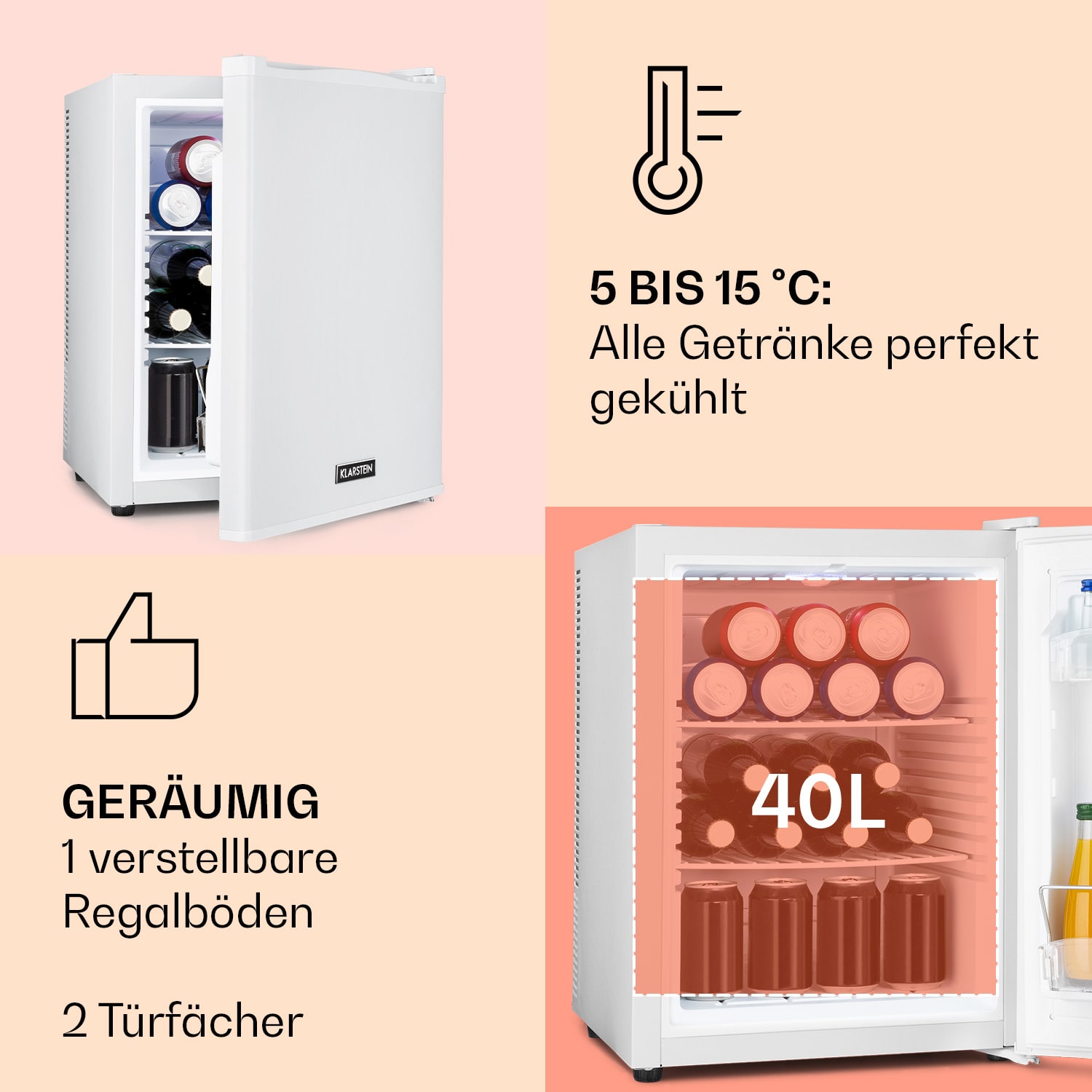 Mini Bar Klarstein Happy Hour 40L, 5-15C, Silentios, Alb, 40x53,5x48cm