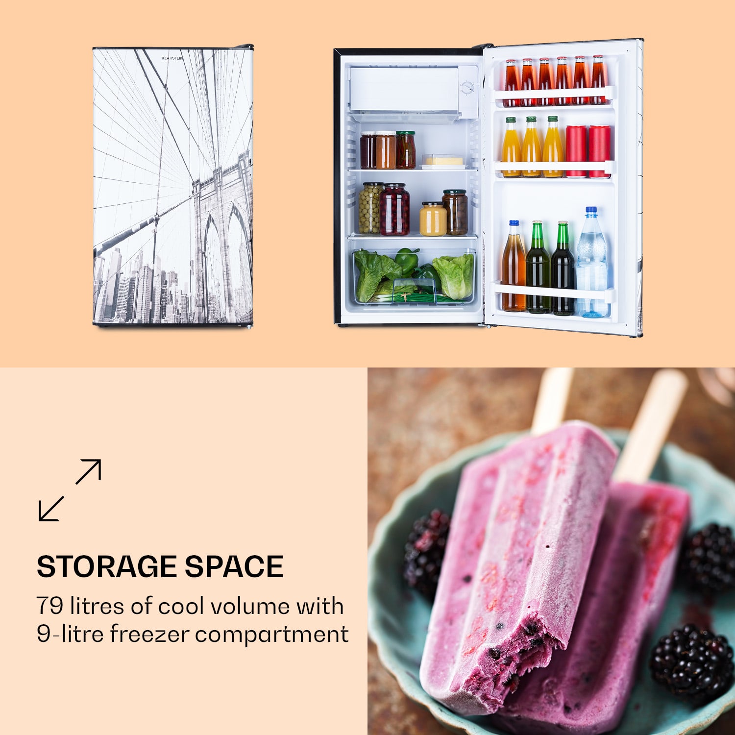 Klarstein, Coolart 79L, Combina Frigider-Congelator, Eek E, Compartiment Congelator 9 L, Usa Design
