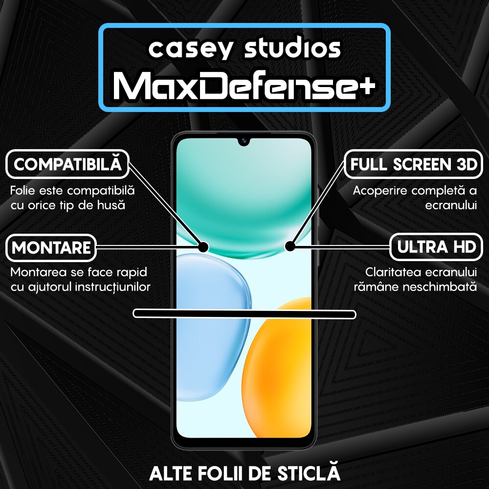 Folie Sticla CASEY STUDIOS™ compatibila cu Honor X5c Plus, Full Cover 3D, Full Glue, Sticla Securizata, Duritate Militara, Ultra HD, Protectie Profesionala Ecran 3D, Anti Zgarieturi, Anti Socuri, Margini Negre