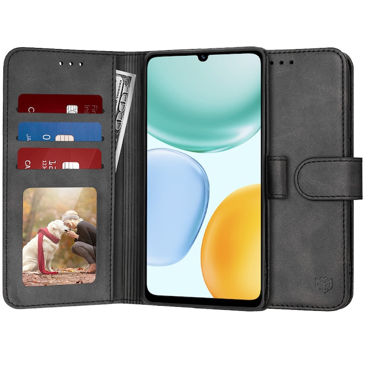 Husa pentru Honor X5c Plus, SKYDDAR INNOVATION, Diary Book, tip carte cu Portofel Interior, Antisoc, set cu sticker, Negru