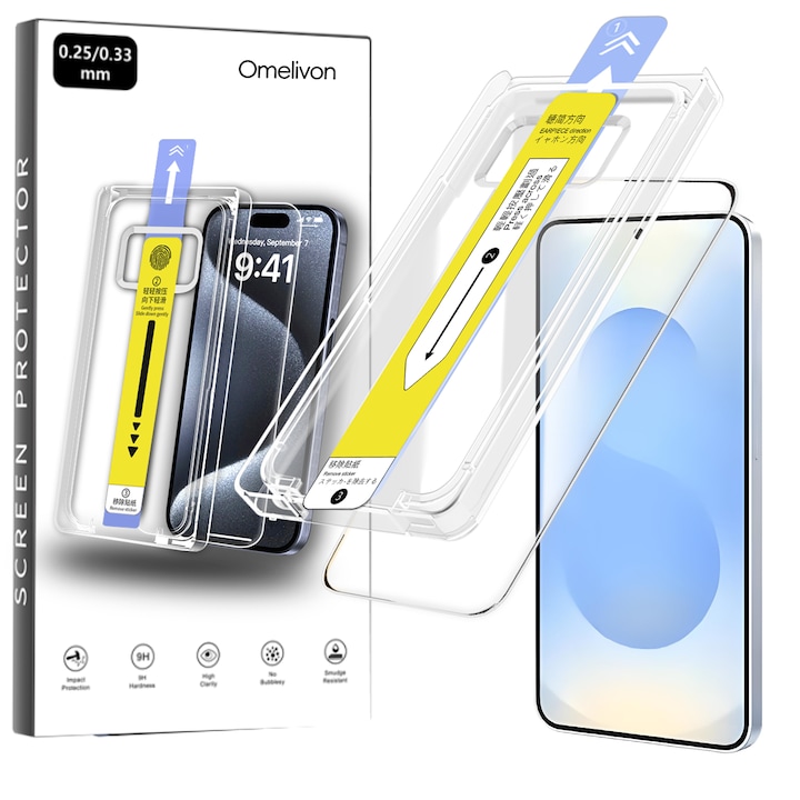 Folie de Protectie pentru Samsung Galaxy S24 / S25, Omelivon, Sticla Securizata, cu Kit de Aplicare Instanta si Functie Automata de Indepartare a Prafului, Duritate 9H+, Ultra HD, Anti Amprente