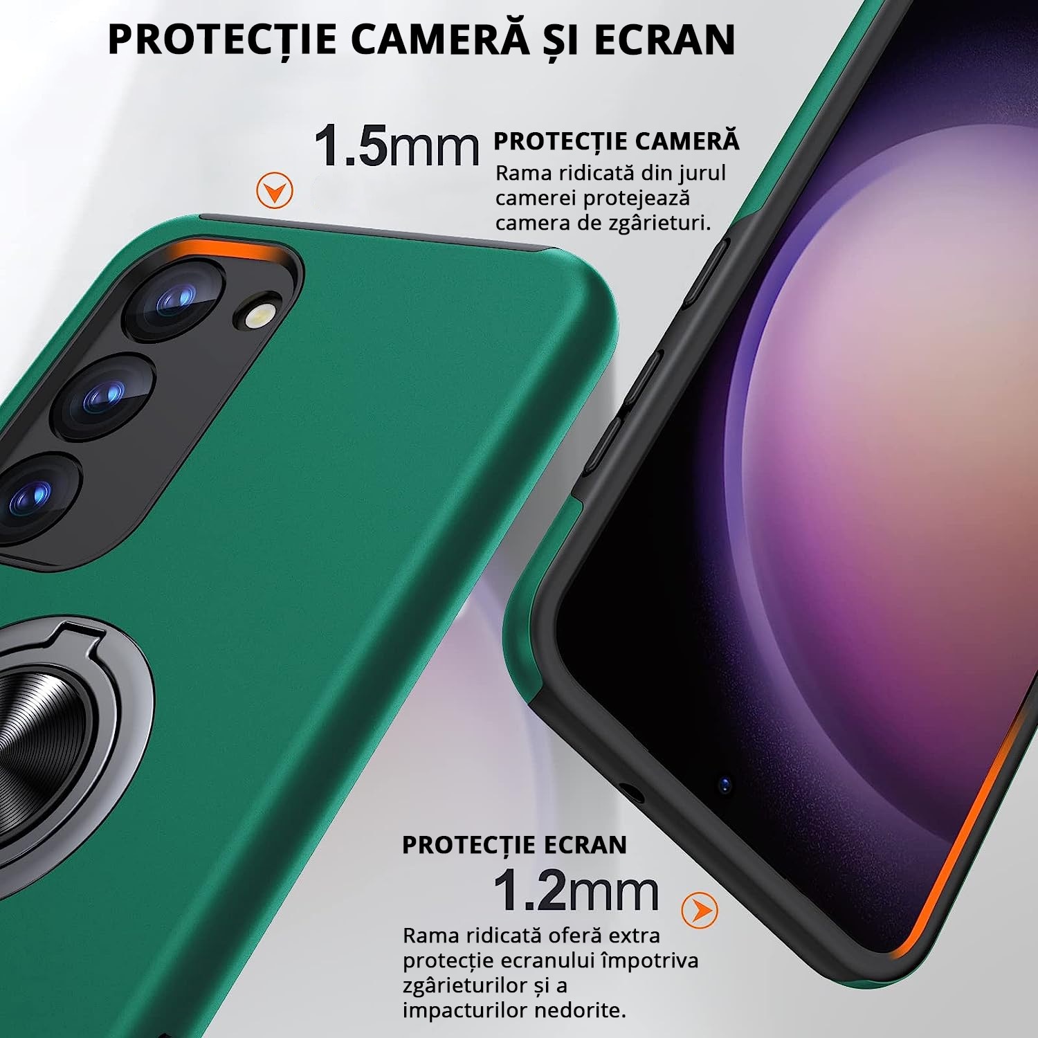 Husa de protectie pentru Samsung Galaxy S23, Hybrid Antisoc, Kickstand, Bumper inel rotativ 360, Green