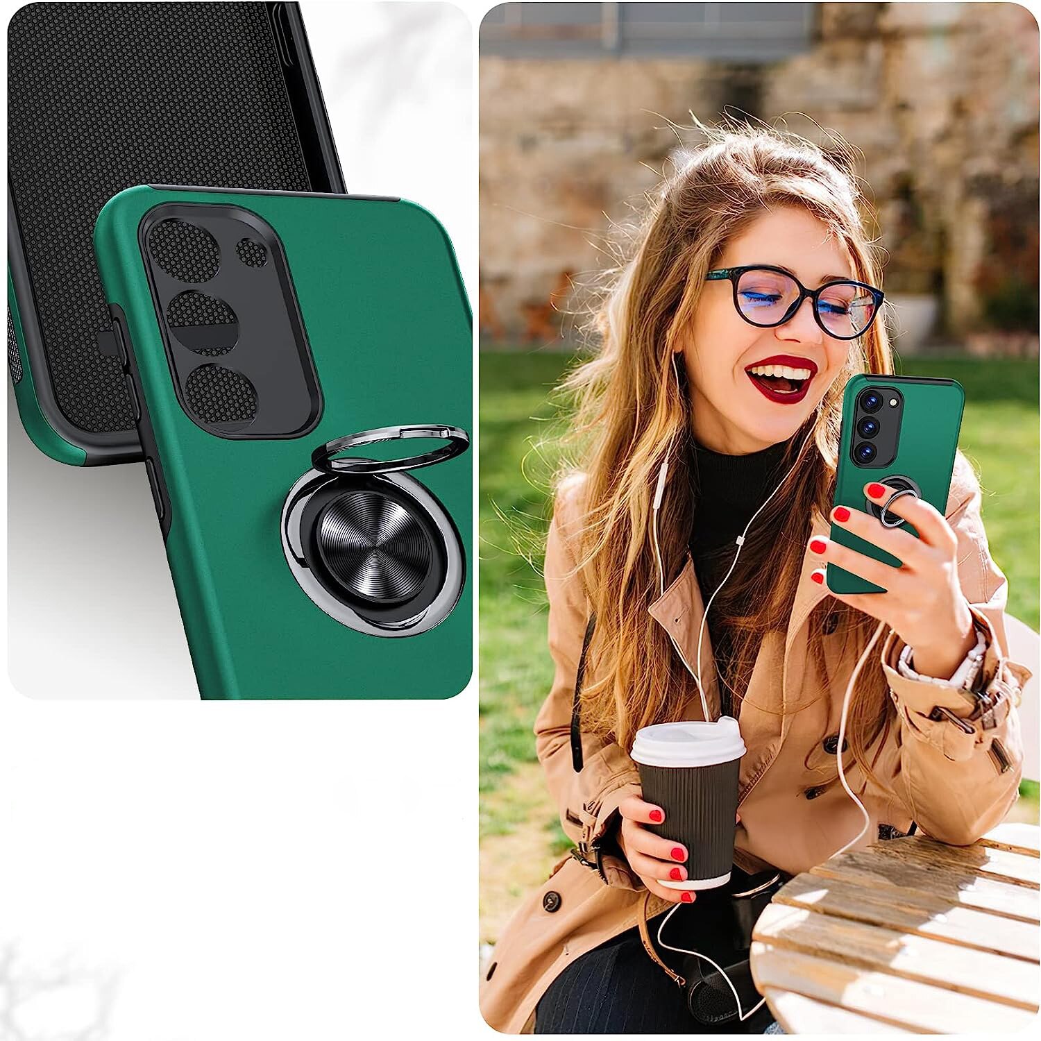 Husa de protectie pentru Samsung Galaxy S23, Hybrid Antisoc, Kickstand, Bumper inel rotativ 360, Green